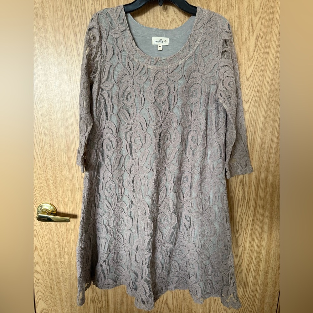 Puella Gray/Taupe Floral Lace Loose Midi Dress